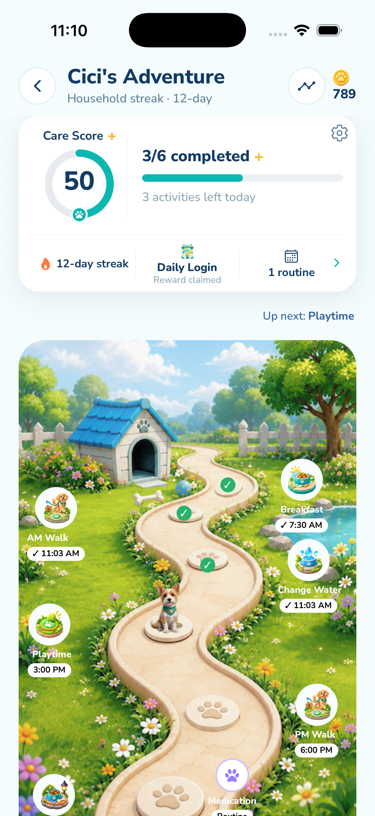 Daily Care journey with streaks and activities