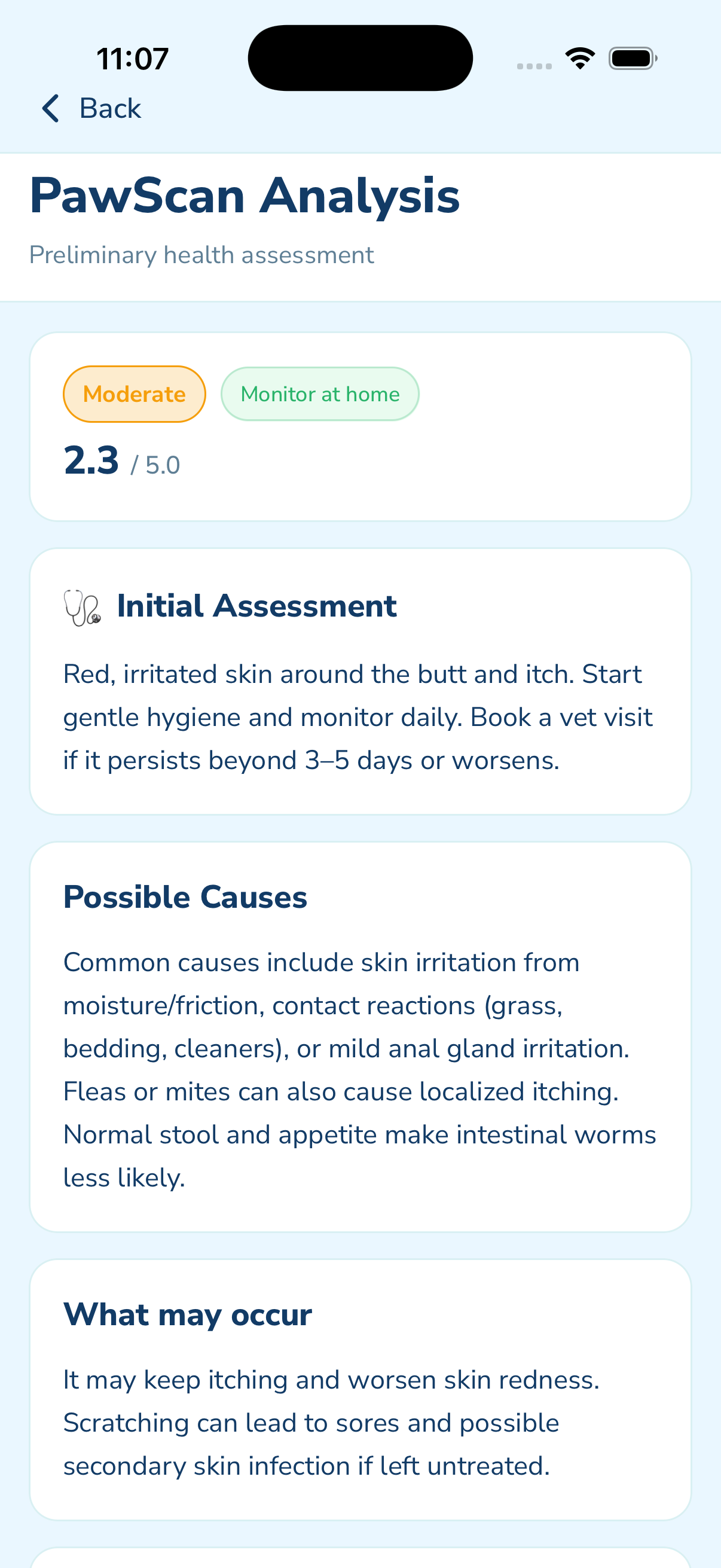 PawScan analysis with next-step guidance