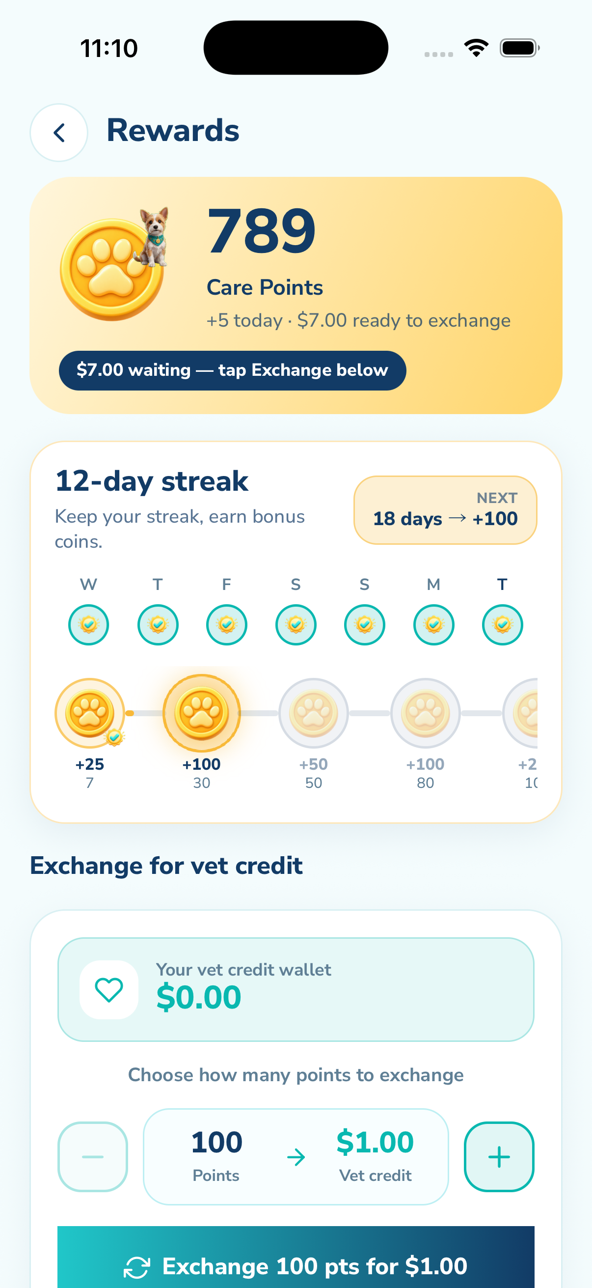 Care Points, streak, and exchange for vet credit