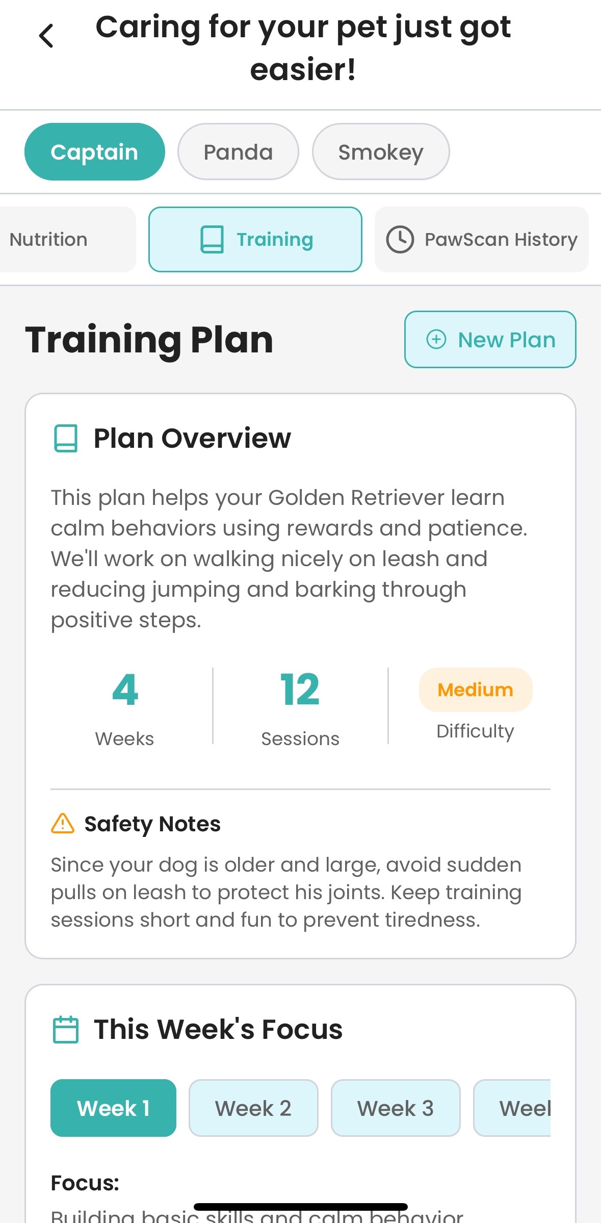 PawMD mobile app interface showing create custom grooming, nutrition, & training plans features, veterinary clinic integration, and AI-powered tools