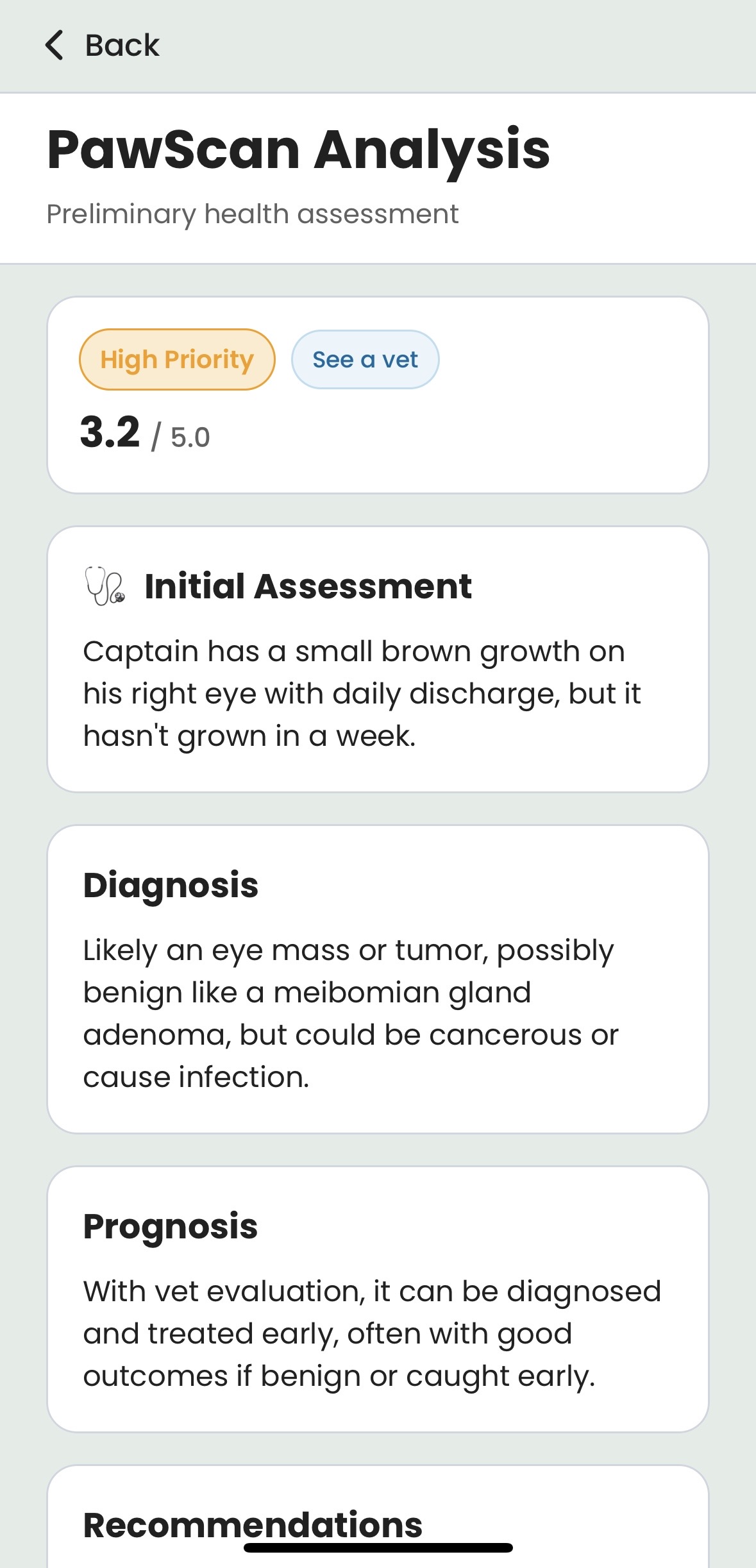 PawMD mobile app interface showing pawscan; ai symptom analysis features, veterinary clinic integration, and AI-powered tools