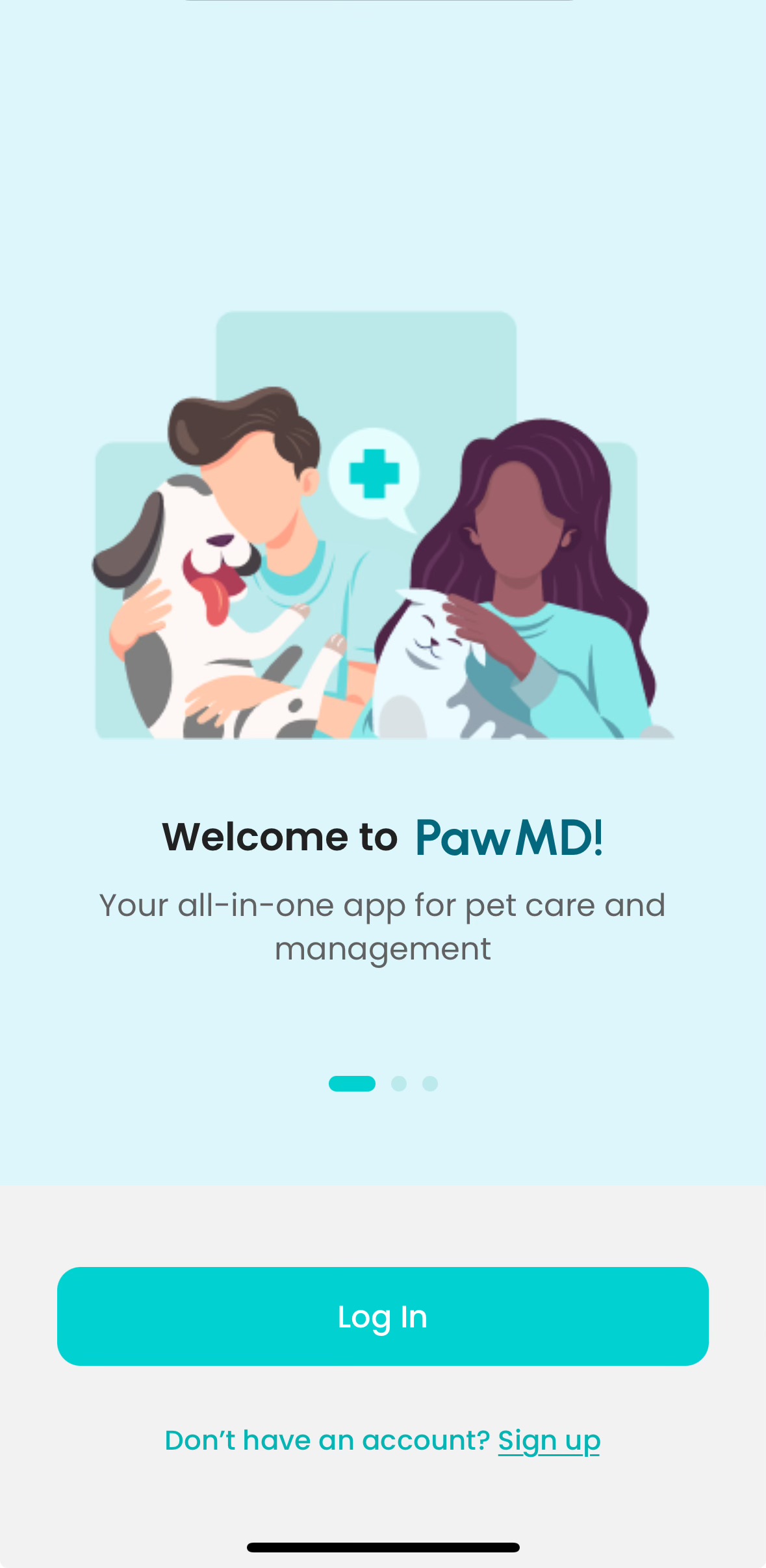 PawMD mobile app interface showing welcome to pawmd features, veterinary clinic integration, and AI-powered tools