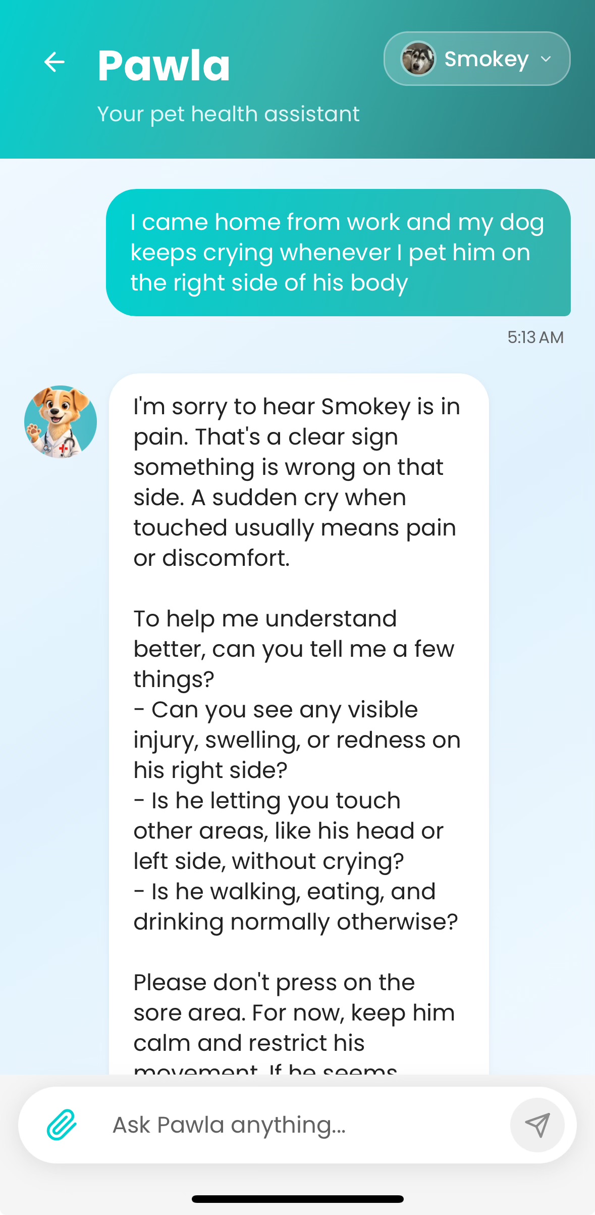 PawMD mobile app interface showing chat with pawla; the ai veterinarian features, veterinary clinic integration, and AI-powered tools